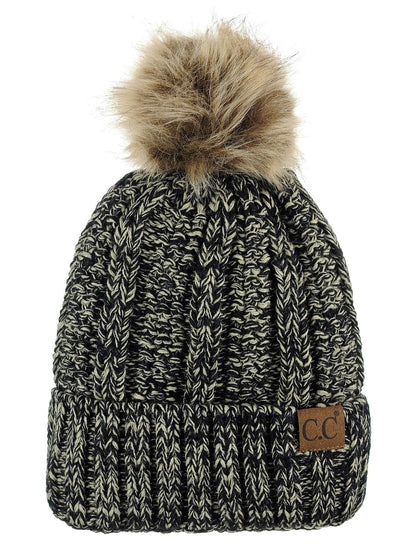 C.C cuff beanie with faux fur pom and fleece lining.