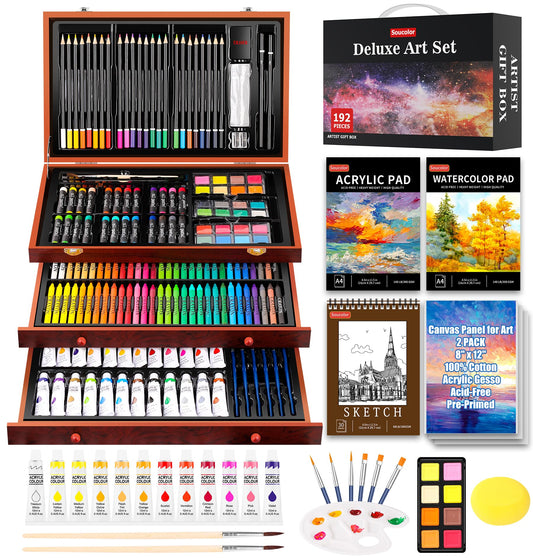 Soucolor art supplies deluxe art kit with acrylic and watercolor pads and canvases
