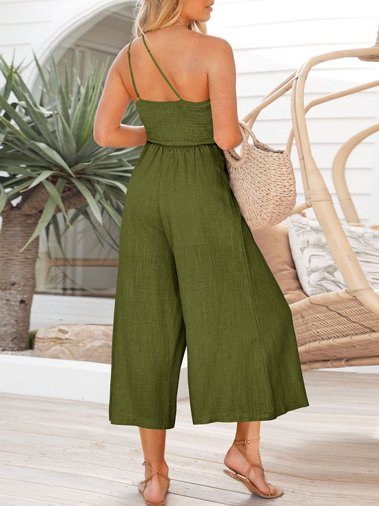 ANRABESS one shoulder high waist linen jumpsuit romper for beach travel outfits