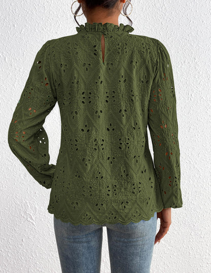 PRETTYGARDEN Tops for Women 2026 Spring Long Sleeve Blouses Dressy Casual Embroidered Eyelet Shirts Fall Going Out Outfits