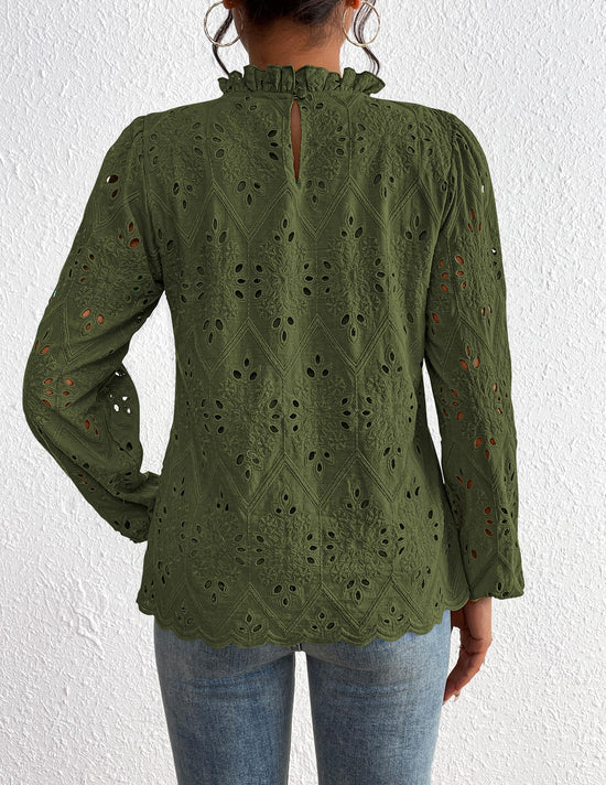 PRETTYGARDEN Tops for Women 2026 Spring Long Sleeve Blouses Dressy Casual Embroidered Eyelet Shirts Fall Going Out Outfits