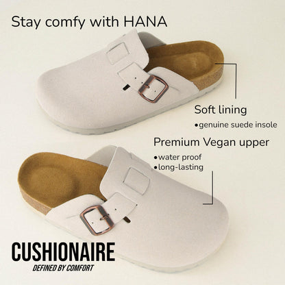 CUSHIONAIRE Hana clogs — Comfortable vegan suede with cork footbed and arch support