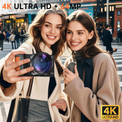 4K 64MP WiFi Digital Camera with Flip Screen, Autofocus, 18X Zoom, Black