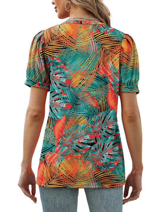 Geifa women's v neck puff short sleeve shirt - casual loose fit summer top