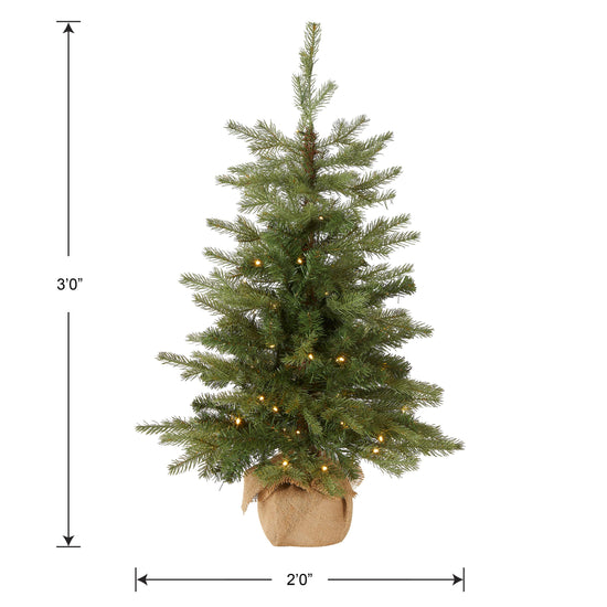 National Tree Company pre-lit artificial mini Christmas tree - 'Feel Real' design, 3 feet tall, burlap bag base and white lights.