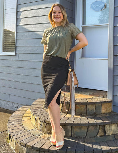 Zeagoo womens knit midi skirt — high waisted with slit for work and casual wear
