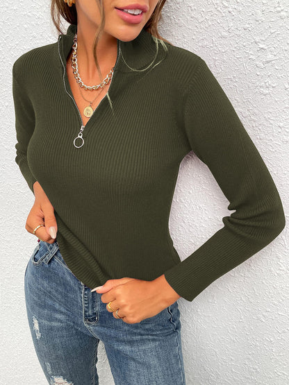 Sweater — Spring quarter zip collared design for women by PRETTYGARDEN