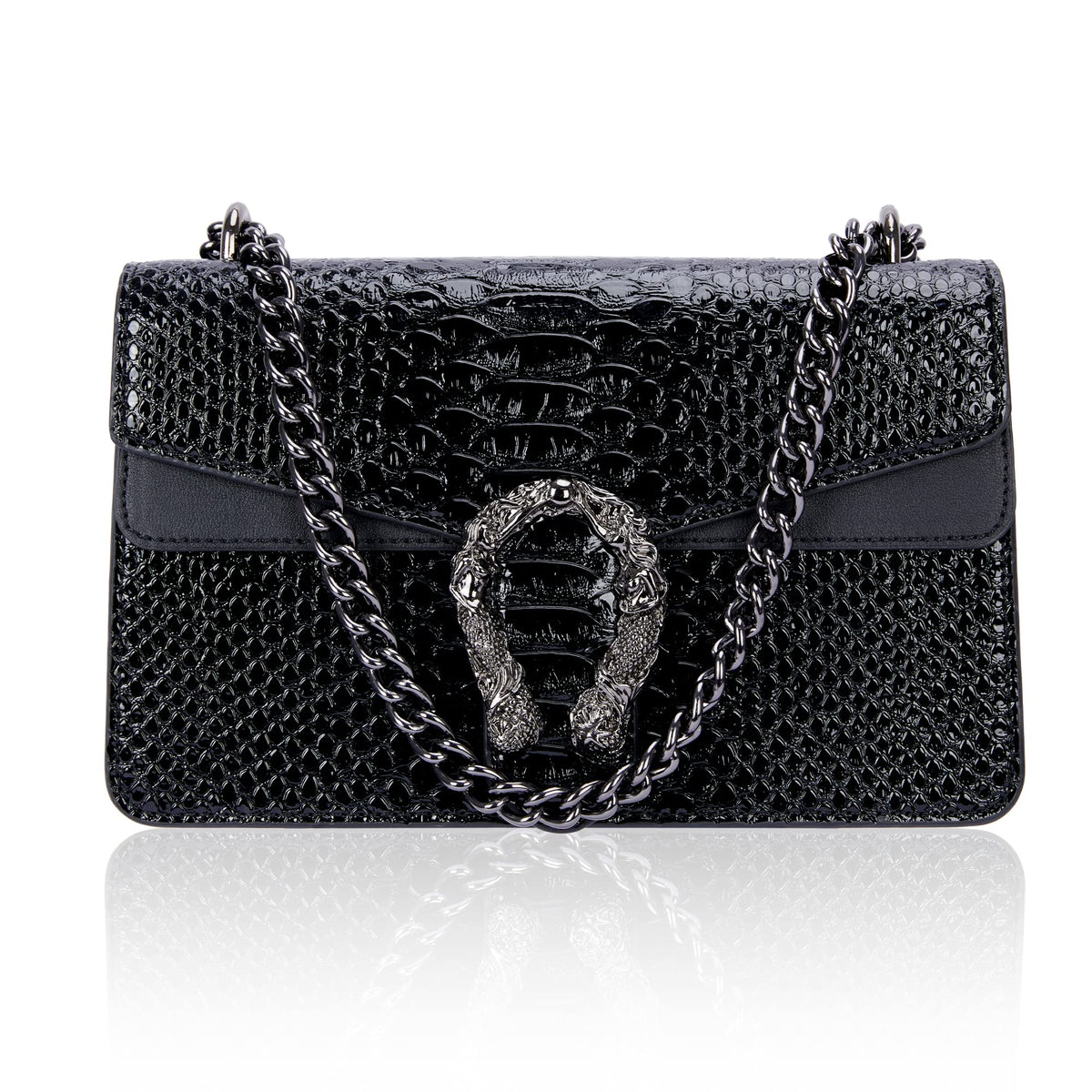 Aiqudou handbag — snake print design with chain detail and luxury PU leather