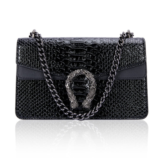 Aiqudou handbag — snake print design with chain detail and luxury PU leather