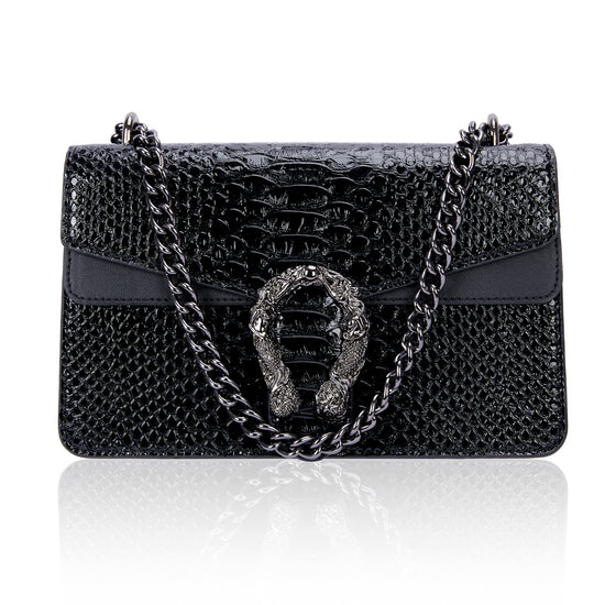 Aiqudou handbag — snake print design with chain detail and luxury PU leather