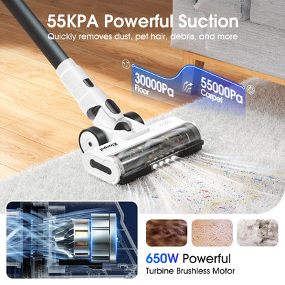 Cordless Vacuum Cleaner, Upgraded 650W 55KPa 70Mins Runtime Stick Vacuum Cordless, Self-Standing Lightweight Vacuum Cleaners for Home with LED Headlight Touch Screen, for Pet Hair/Carpet/Floor