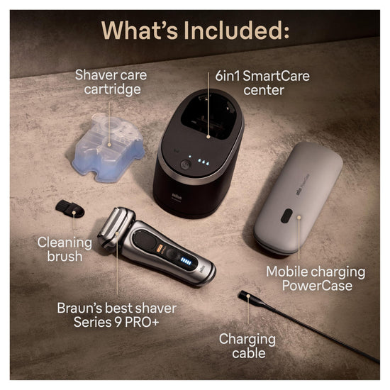 Braun Series 9 Pro+ electric shaver — stainless steel, battery powered