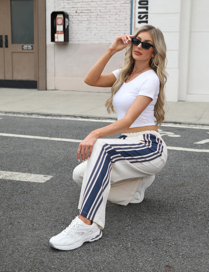 Hongsui women's wide leg pants - drawstring high rise with side stripes and pockets