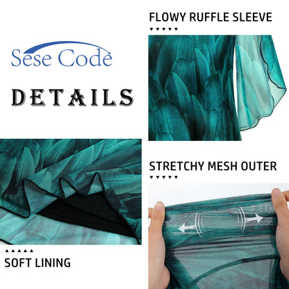 SeSe Code tunic — Ruffle 3/4 sleeve mesh design with loose flowy fit and stretchy fabric