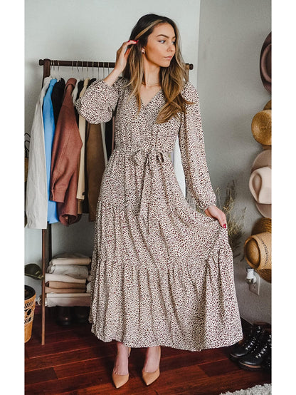 Dress — Long sleeve floral maxi with tie waist by PRETTYGARDEN