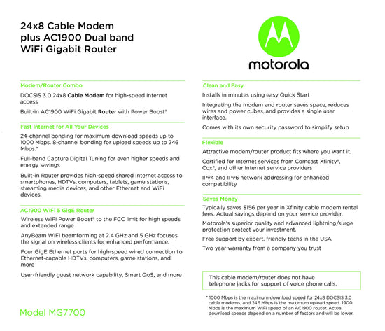 Motorola networking router — Cable modem with built in gigabit WiFi combo