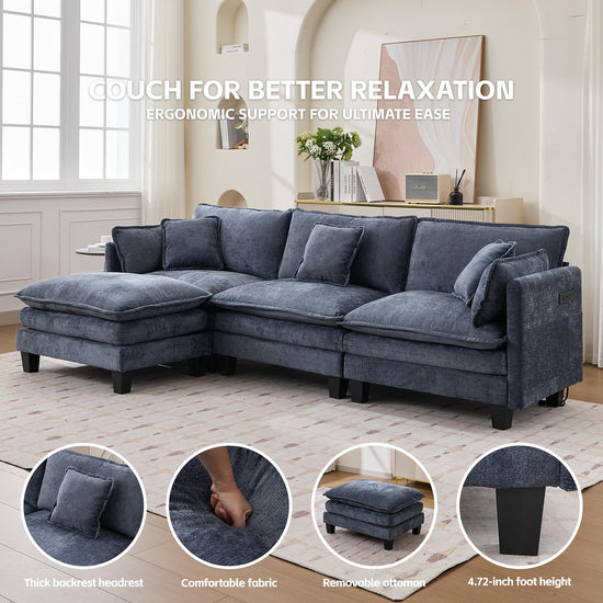 Opiesit Modular Sectional Sofa with Movable Ottoman, 110" 4-Seat Modern Couches for Living Room, Comfy L Shaped Couch Set with Deep Seat for Office and Apartment, Blue Chenille Fabric