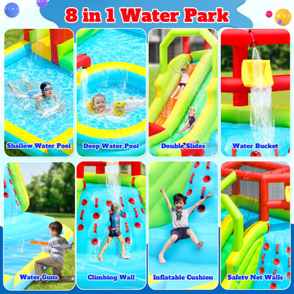 WELLFUNTIME inflatable bouncer — water slide park with deep pool and air blower