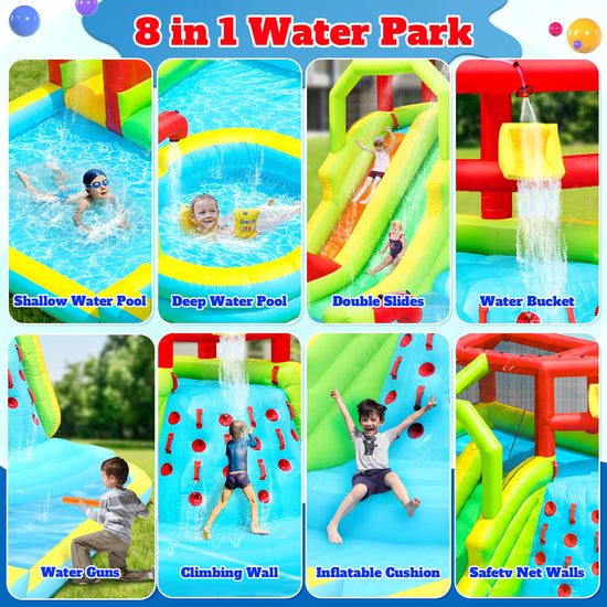 WELLFUNTIME inflatable bouncer — water slide park with deep pool and air blower