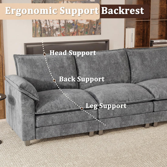 JUMMICO 118.9" Modular Sectional Cloud Couch 3-Seat Sofa Set with Movable Ottoman, L Shaped Sofa Couch with Deep Seat, Chenille Couches for Living Room (Light Grey-4, L Shaped Sofa)