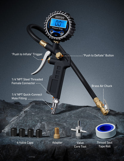 AstroAI digital tire pressure gauge — with inflator and quick connect coupler