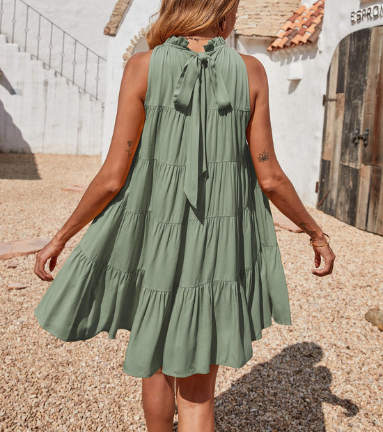 Okiwam womens summer dress - sleeveless halter neck mini sundress
