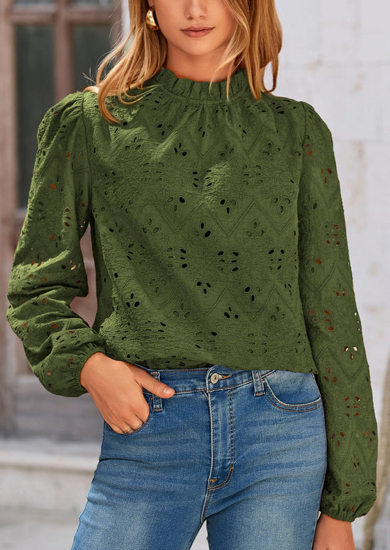 PRETTYGARDEN Tops for Women 2026 Spring Long Sleeve Blouses Dressy Casual Embroidered Eyelet Shirts Fall Going Out Outfits