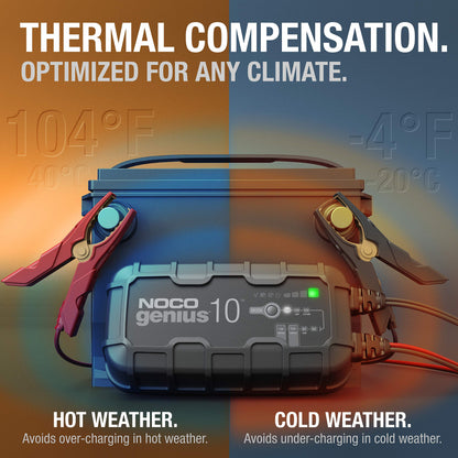 NOCO genius10 battery charger — 10A smart charger with desulfator and temperature compensation