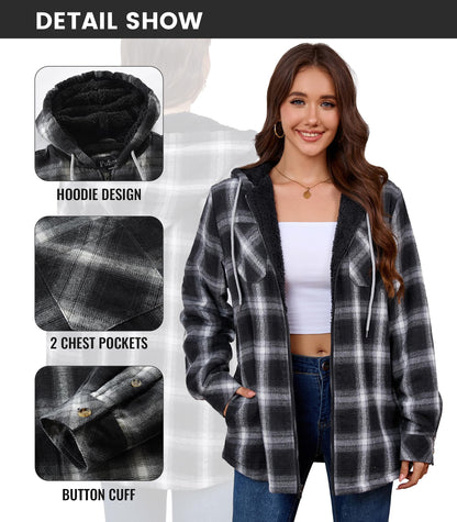 Puhope women's sherpa lined coat — fleece zip up with flannel plaid design