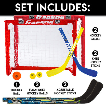 Franklin Sports - NHL kids folding hockey goals set - adjustable youth and knee sticks