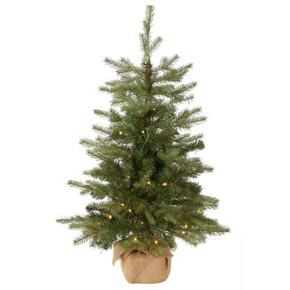 National Tree Company pre-lit artificial mini Christmas tree - 'Feel Real' design, 3 feet tall, burlap bag base and white lights.