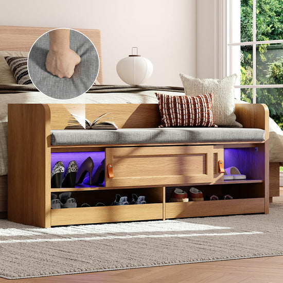 STO'SENSE Premium Entryway Bench with Storage & Invisible UV Shoe Care Modern Oak Mudroom Bench with Hidden Sliding Doors & Pop-Out Drawers Upholstered Seating, 47" (Oak)