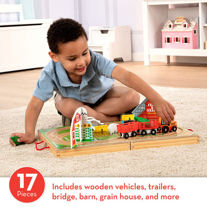 Melissa & Doug wooden take-along tabletop farm with vehicles and play pieces for toddlers 1+