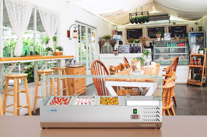 KoolMore refrigerated countertop condiment prep rail with stainless steel cover