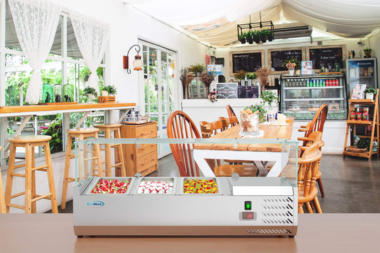 KoolMore refrigerated countertop condiment prep rail with stainless steel cover