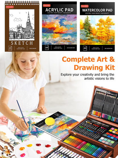 Soucolor art supplies deluxe art kit with acrylic and watercolor pads and canvases