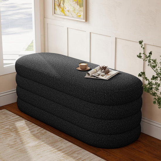 Busaurus storage ottoman — upholstered fabric for bedroom or living room use