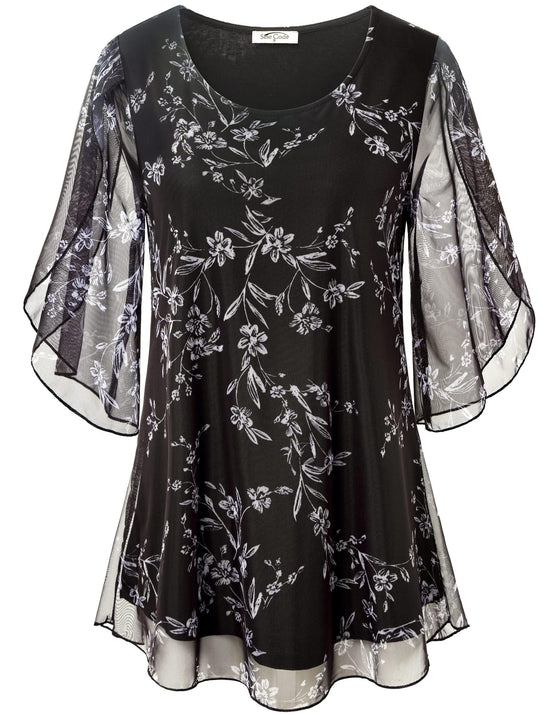 SeSe Code tunic — Ruffle 3/4 sleeve mesh design with loose flowy fit and stretchy fabric