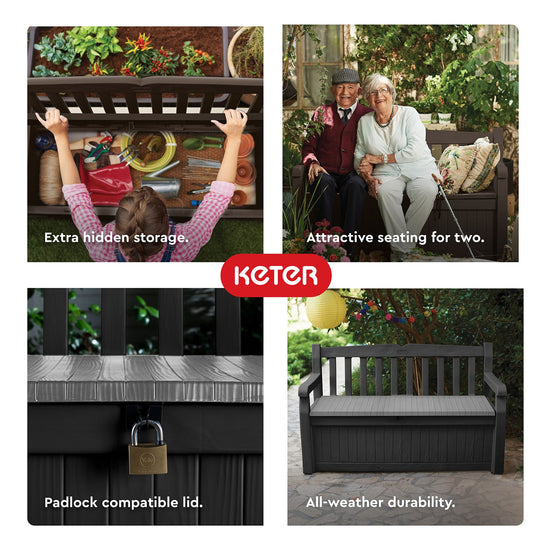 Keter Solana storage bench — 70 gallon capacity for patio furniture
