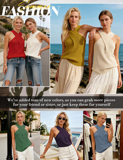 Yeokou sweater — Halter crossover collar sleeveless top in solid color