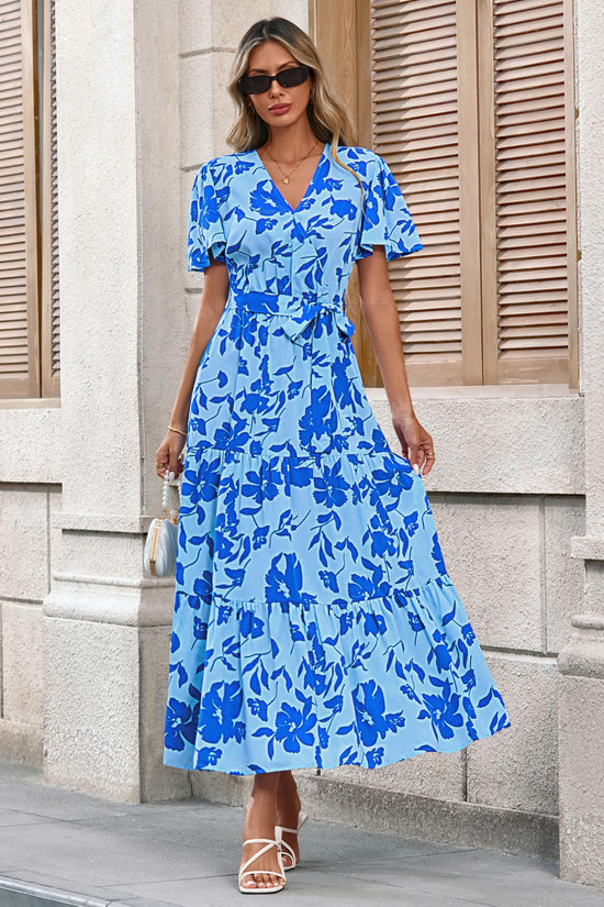 Dress — Swiss dot maxi with wrap v neck and flutter sleeves by Mascomoda