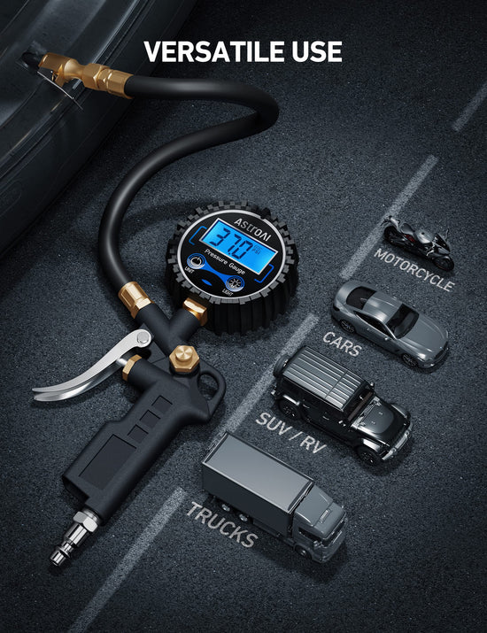 AstroAI electromechanical gauge — digital tire pressure gauge with inflator and accessories