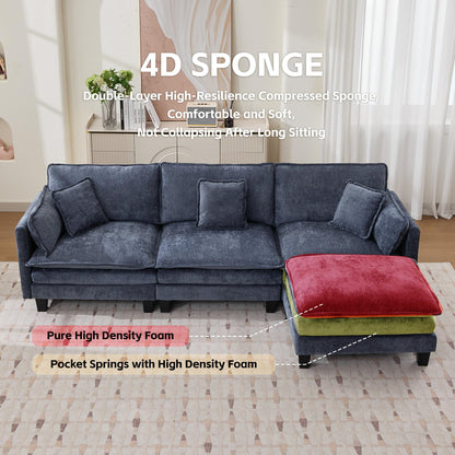 Opiesit Modular Sectional Sofa with Movable Ottoman, 110" 4-Seat Modern Couches for Living Room, Comfy L Shaped Couch Set with Deep Seat for Office and Apartment, Blue Chenille Fabric