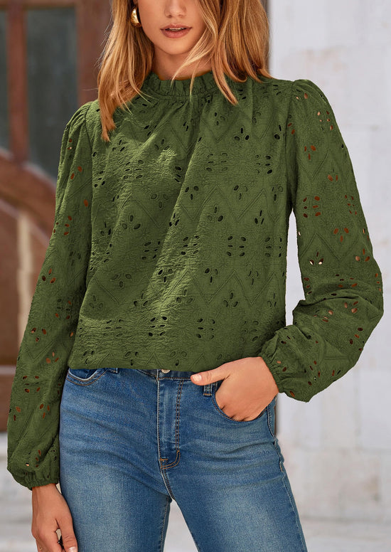 PRETTYGARDEN Tops for Women 2026 Spring Long Sleeve Blouses Dressy Casual Embroidered Eyelet Shirts Fall Going Out Outfits