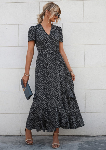 Dress — Boho floral maxi with short sleeves and wrap v neck design