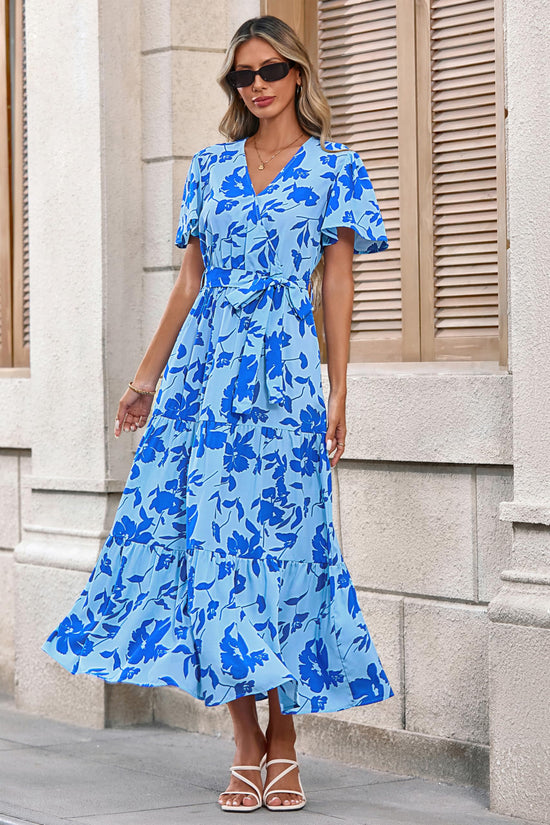 Dress — Swiss dot maxi with wrap v neck and flutter sleeves by Mascomoda