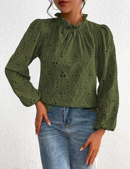 PRETTYGARDEN Tops for Women 2026 Spring Long Sleeve Blouses Dressy Casual Embroidered Eyelet Shirts Fall Going Out Outfits