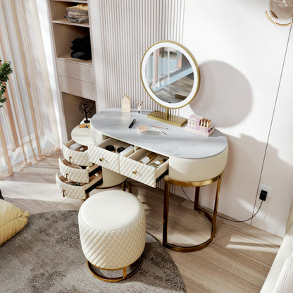 FUKAYI Faux Leather Makeup Vanity Desk Set with LED Lighted Mirror Luxury Dressing Makeup Table with Storage Drawers & Vanity Stool
