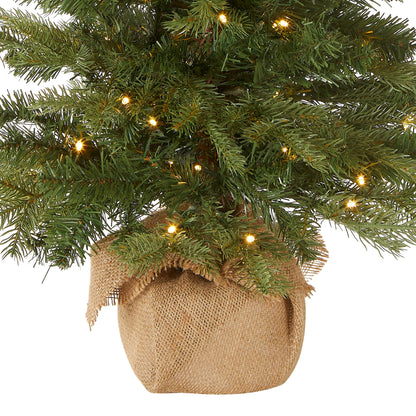 National Tree Company pre-lit artificial mini Christmas tree - 'Feel Real' design, 3 feet tall, burlap bag base and white lights.