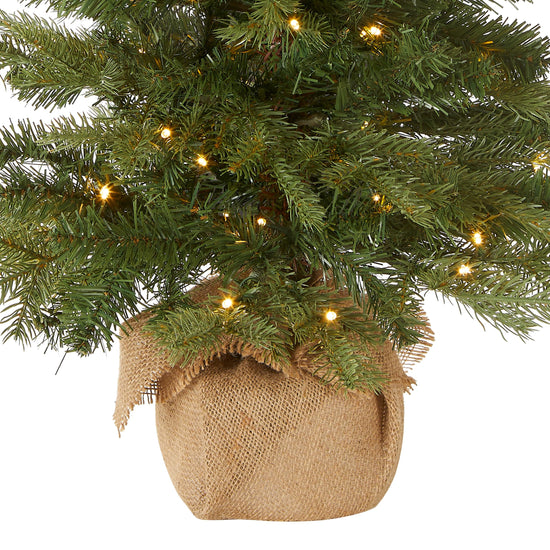 National Tree Company pre-lit artificial mini Christmas tree - 'Feel Real' design, 3 feet tall, burlap bag base and white lights.
